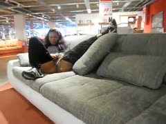 Curly wife starts peeing in the middle of furniture store